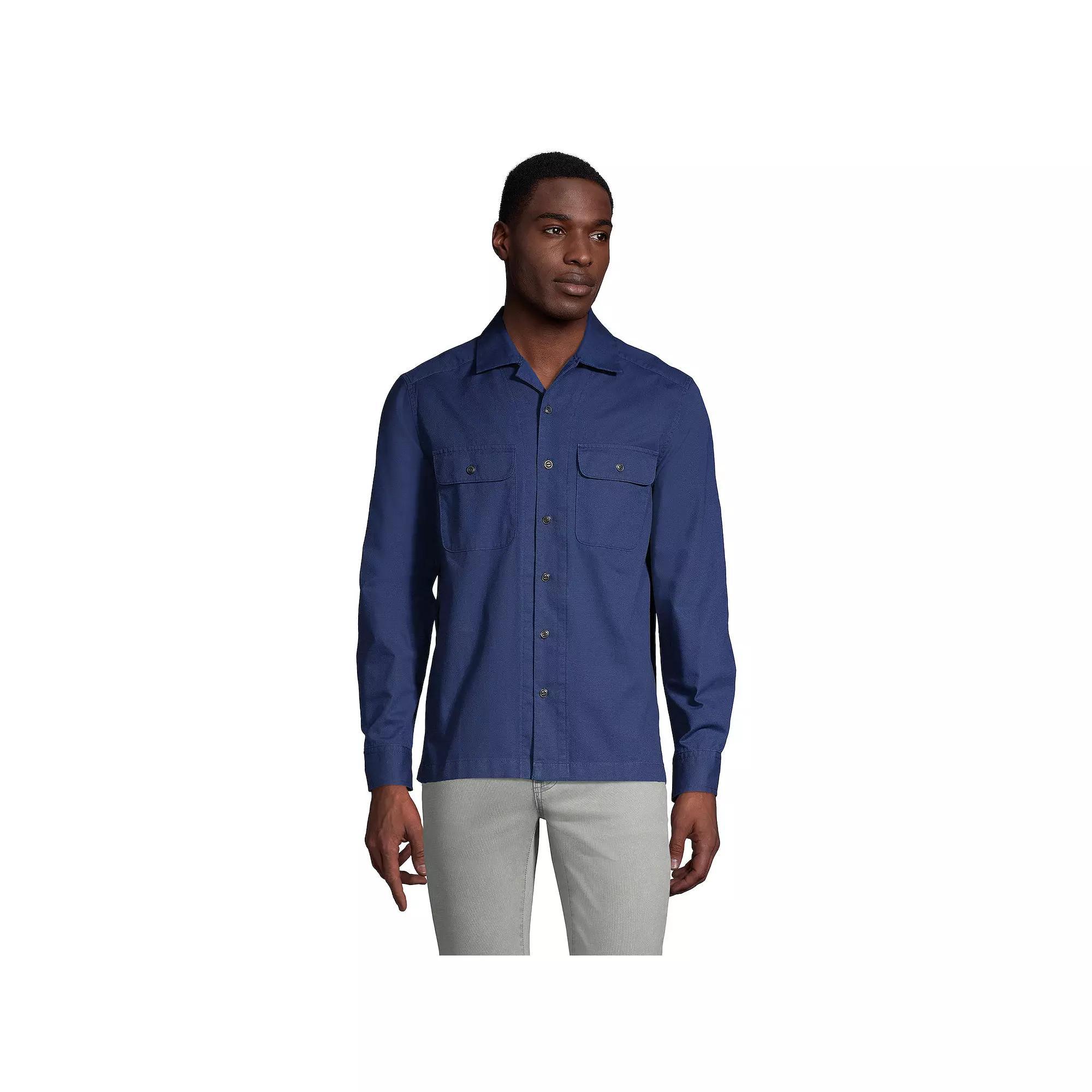 Men's Lands' End Traditional-Fit Textured Camp-Collar Button-Down Shirt, Size: Medium, Deep  Blue Product Image