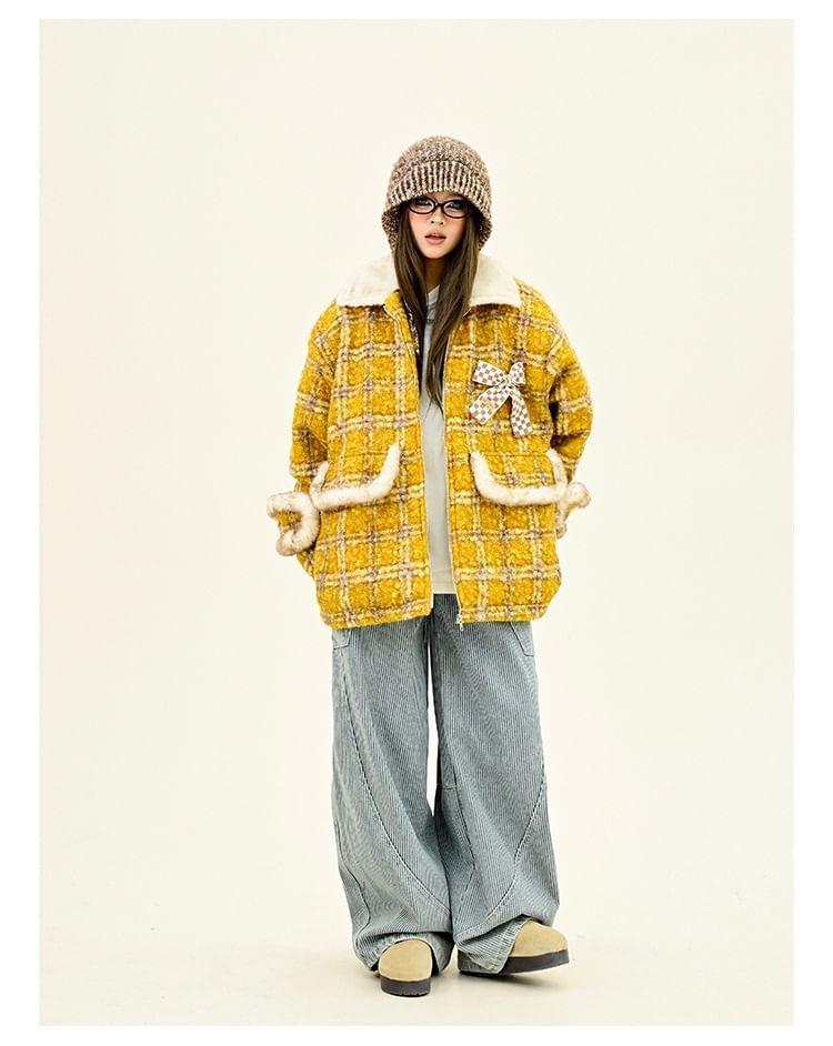 Lapel Collar Plaid Bow Detail Oversized Zip Coat Product Image