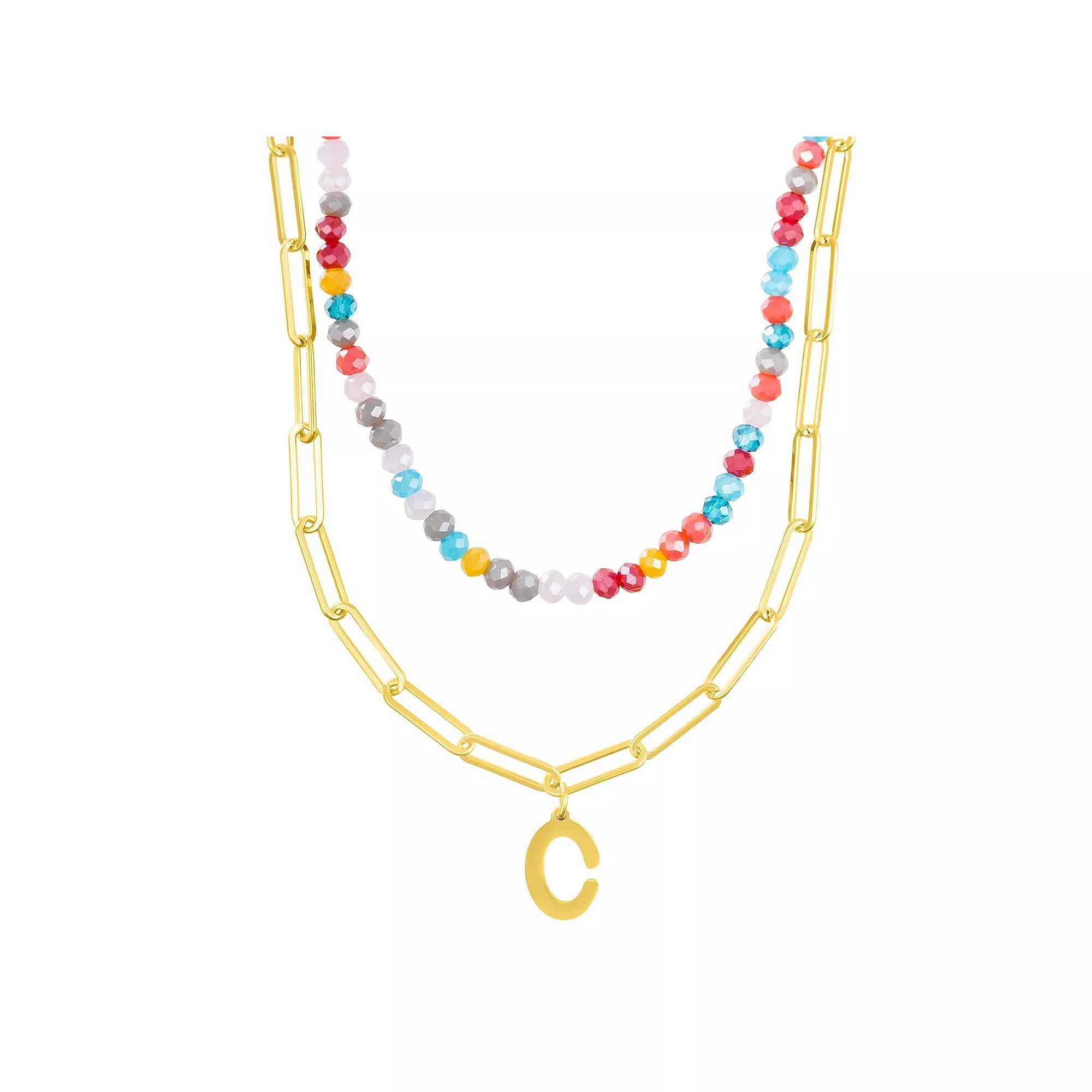 Adornia Gold Tone Adjustable Layered Color Simulated Stone Beads & Paperclip Chain Initial Necklace, Women's, Size: 15-18" ADJ, Gold Tone C Product Image