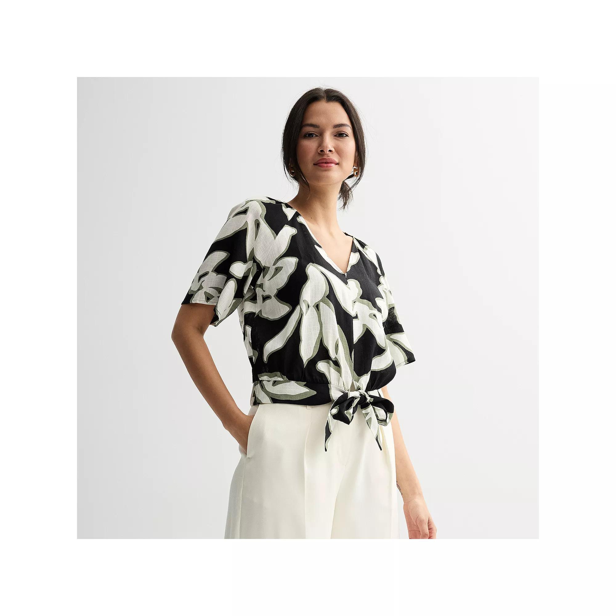 Women's Nine West Dolman Sleeve Tie-Front Top, Size: Large, Black Midsafari Leaf Product Image