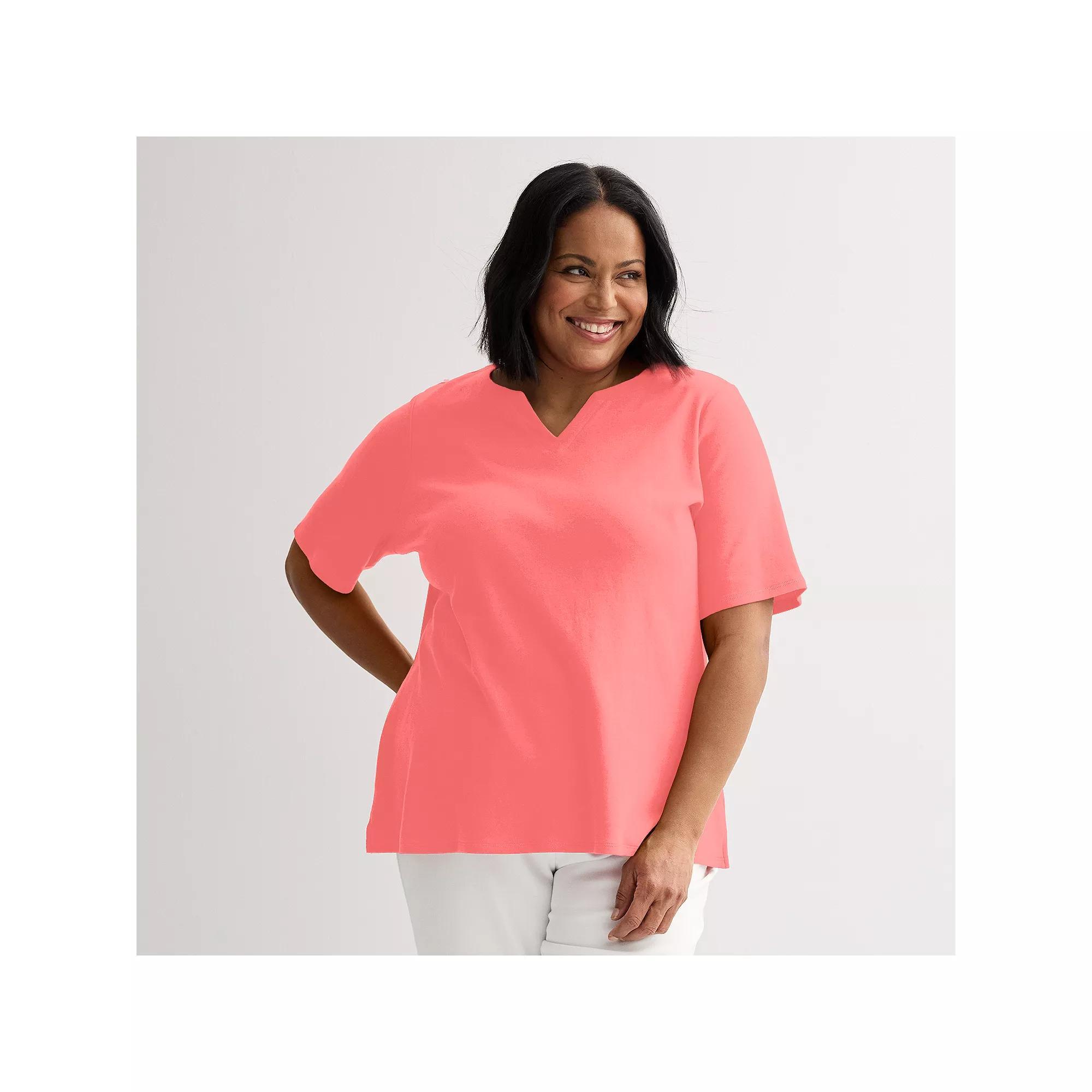 Plus Size Croft & Barrow® Elbow Sleeve Split Neck Top, Women's, Size: 2XL, Red Product Image