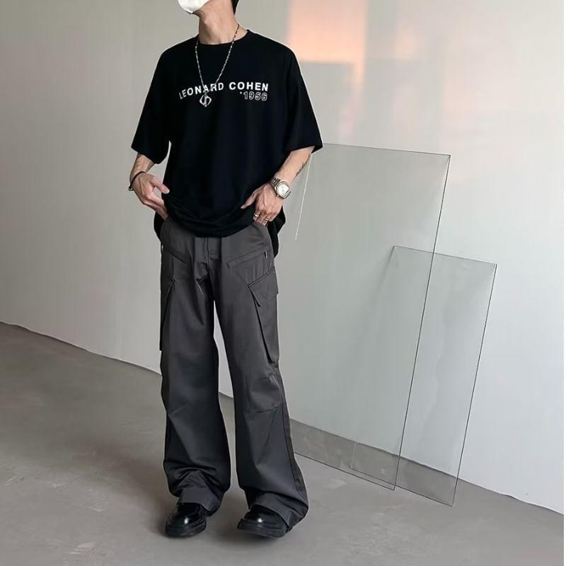 Mid Waist Plain Wide Leg Cargo Pants Product Image
