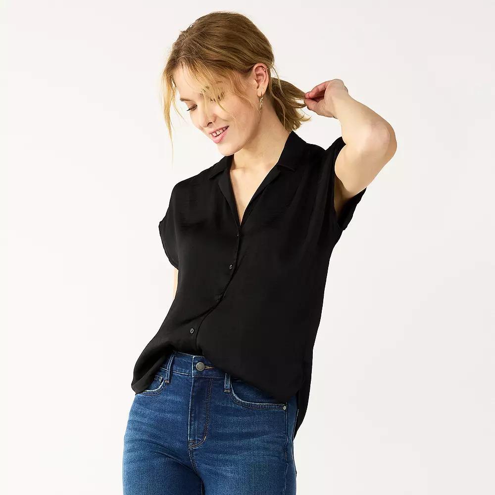 Women's Nine West Short Sleeve Easy Lapel Shirt, Size: Large, Black Product Image