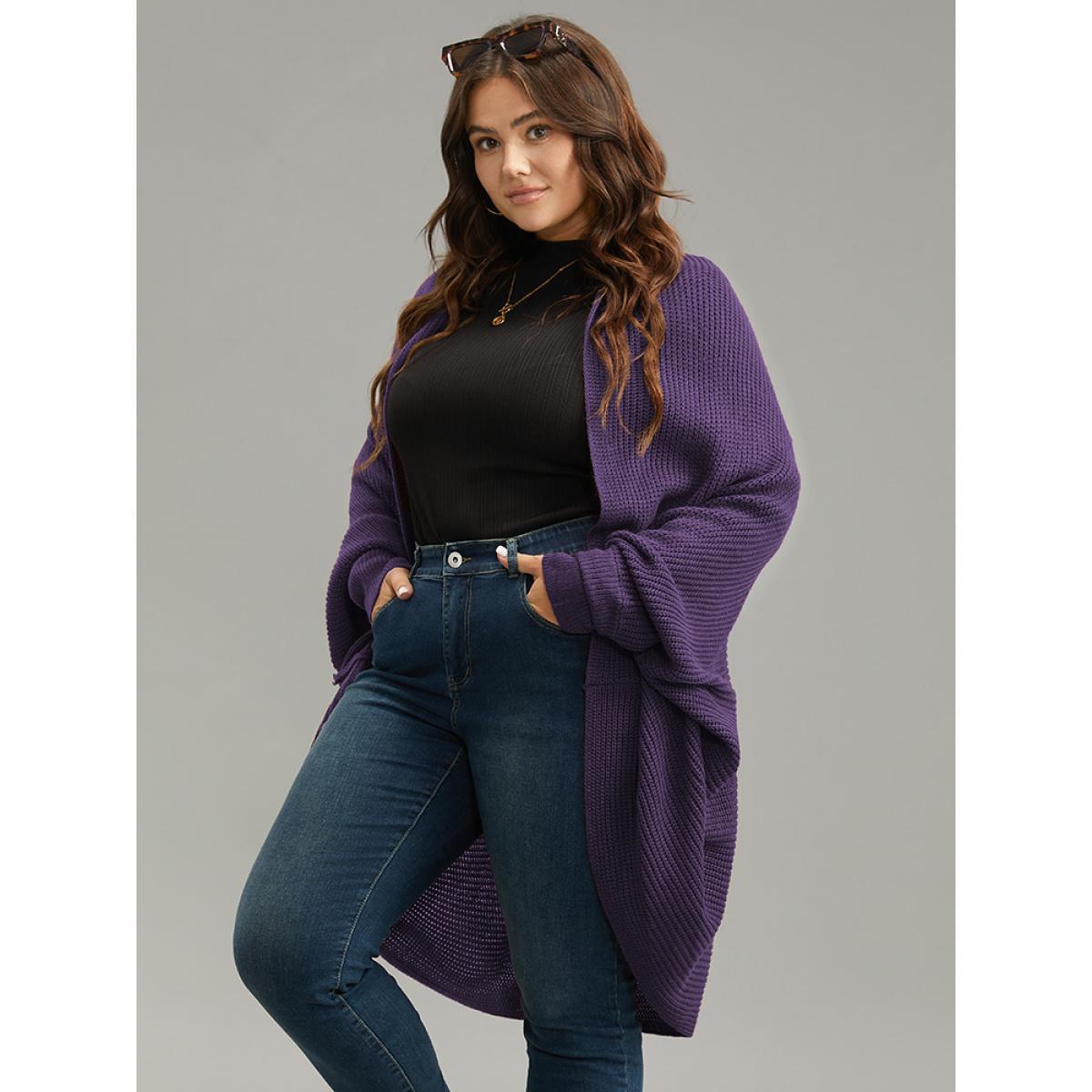 Plus Size Solid Dolman Sleeve Arc Hem Cardigan Eggplant Women Casual Loose Long Sleeve Dailywear Cardigans BloomChic 12/L Product Image