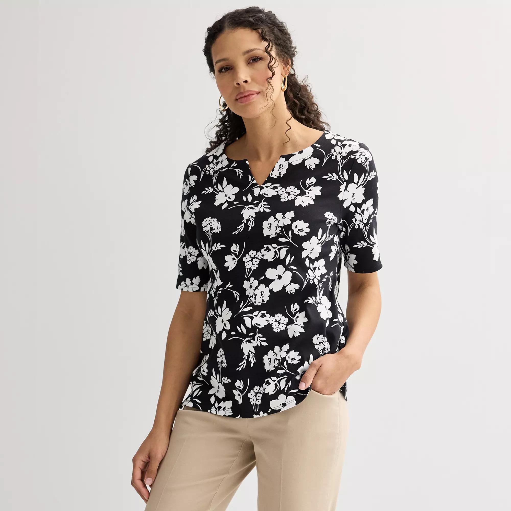 Petite Croft & Barrow® Elbow Sleeve Splitneck Top, Women's, Size: XL Petite, Black Shadow Floral Product Image