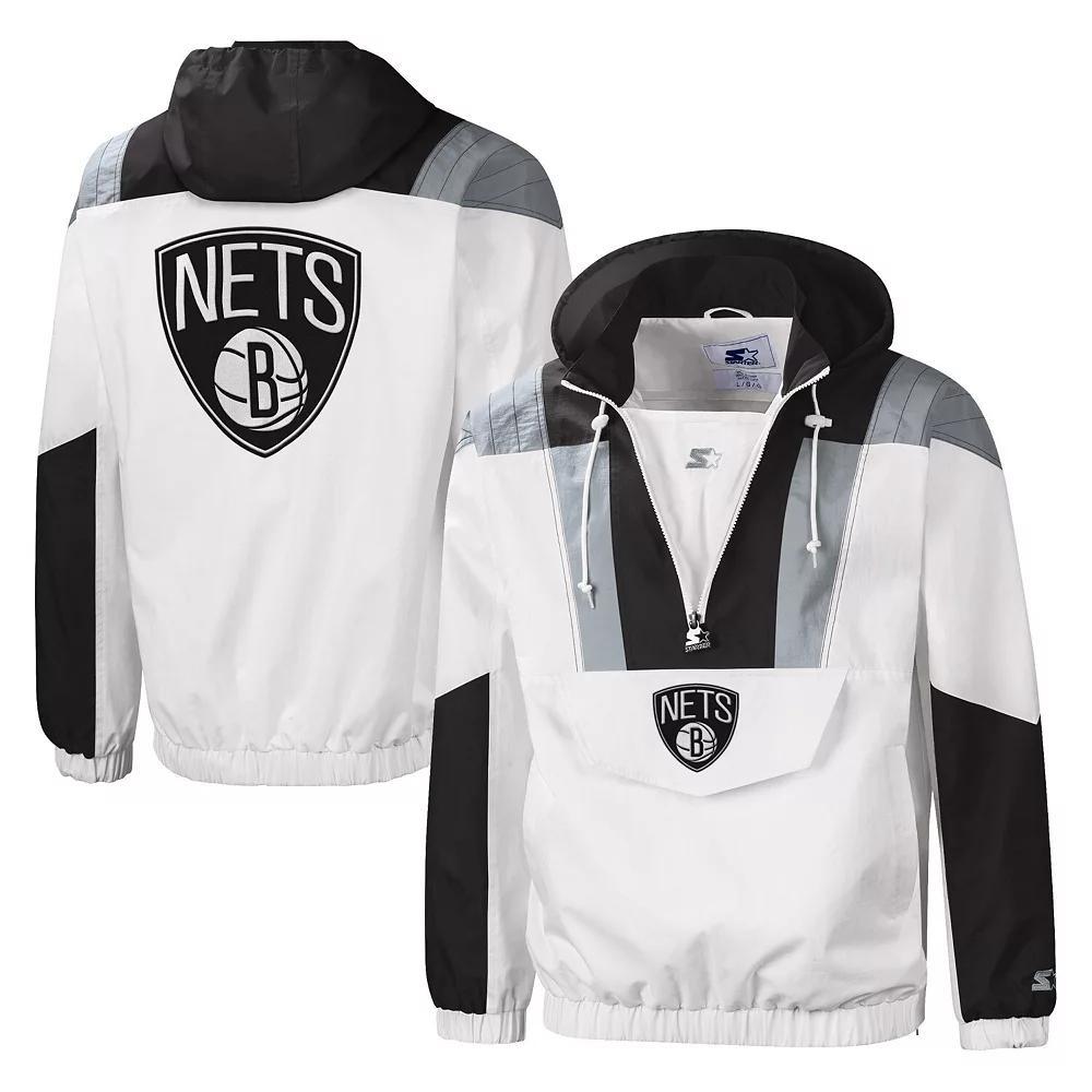 Men's Starter White Brooklyn Nets Striker Crinkle Half-Zip Hoodie Jacket, Size: Medium Product Image