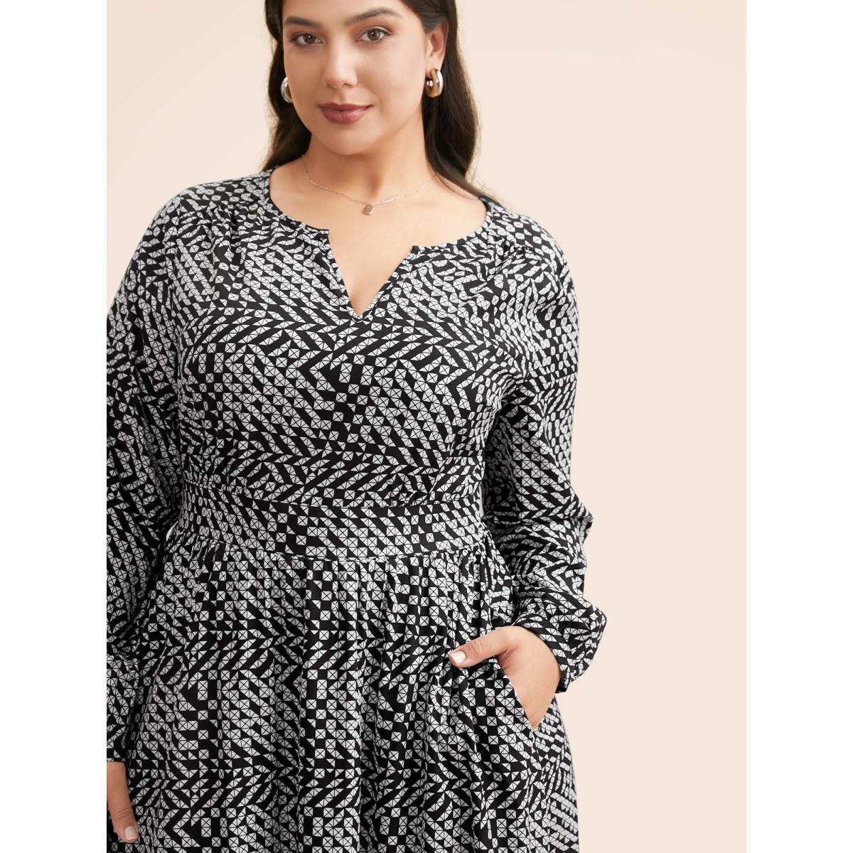Plus Size Geometric Notched Lantern Sleeve Midi Dress BlackFlower Women At the Office Shirred Flat collar with V-notch Long Sleeve Curvy BloomChic 12/L Product Image
