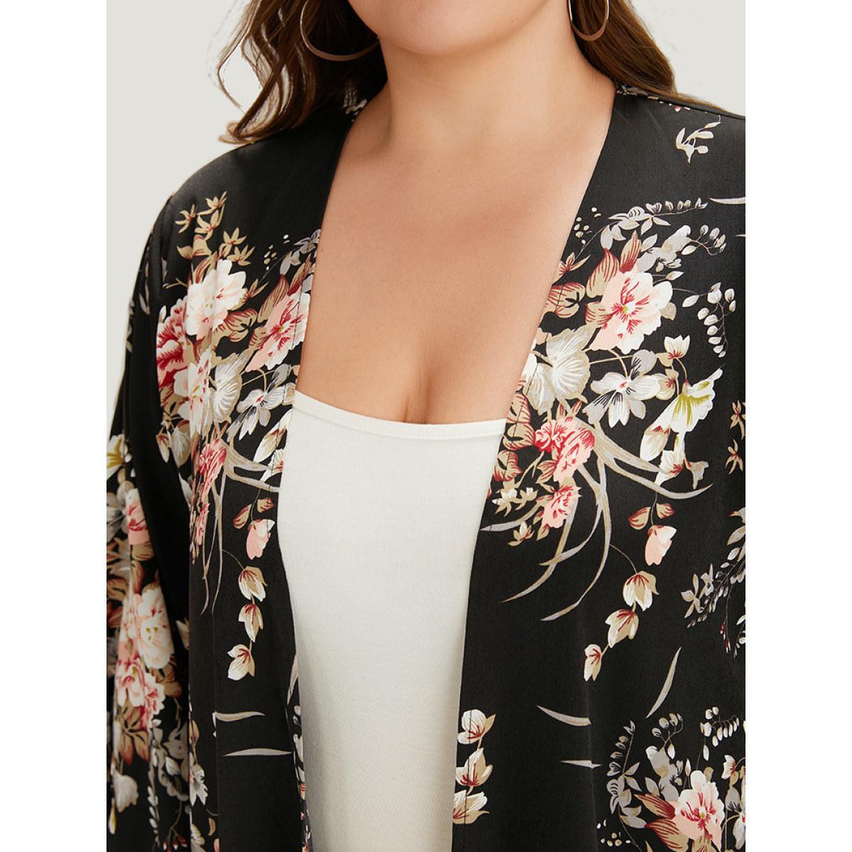 Plus Size Boho Print Belted Open Front Kimono Women BlackFlower Casual Belted Belt Dailywear Kimonos BloomChic 12/L Product Image
