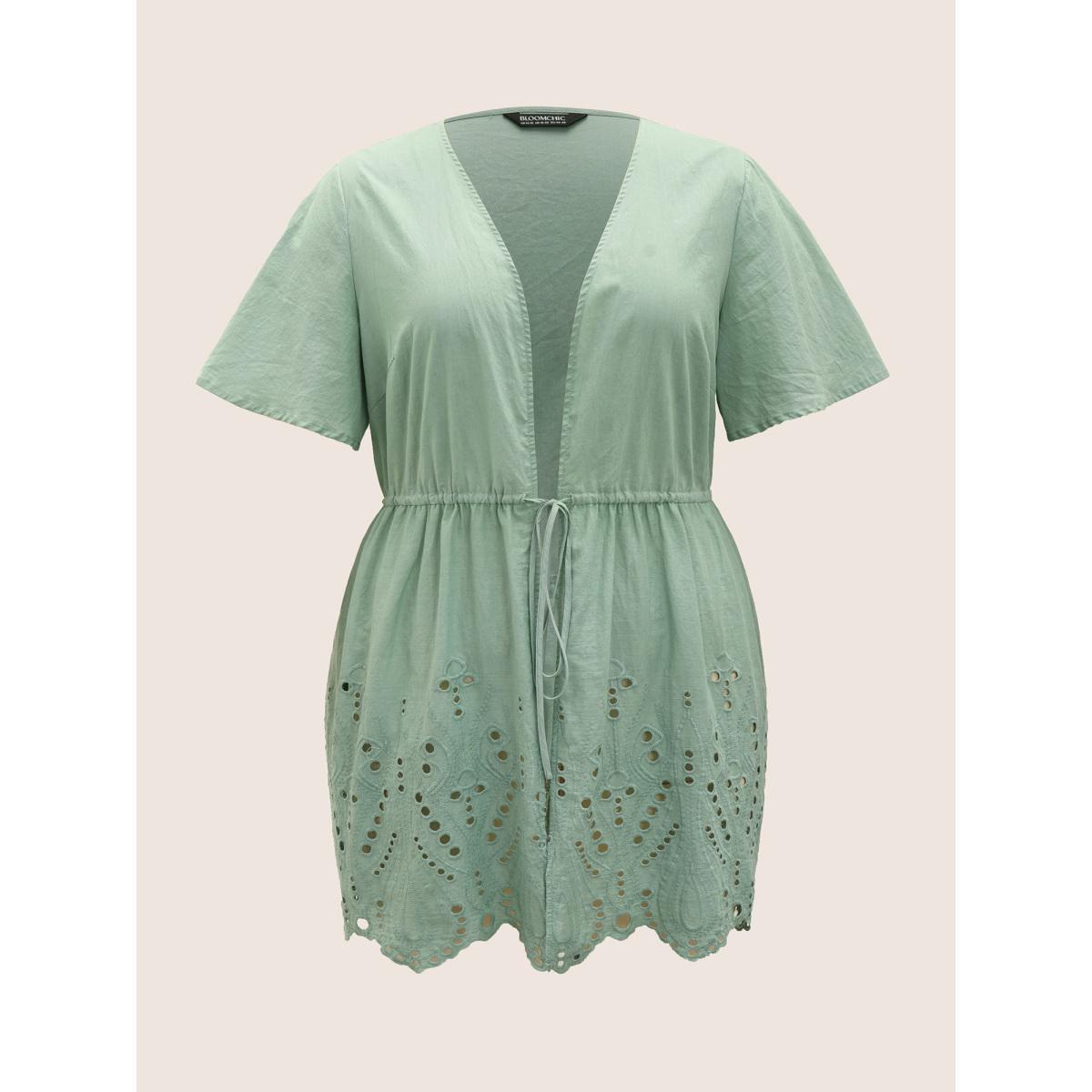 Plus Size Plain Broderie Anglaise Drawstring Kimono Women Mint Resort Embroidered Vacation Kimonos BloomChic 18-20/2X Product Image