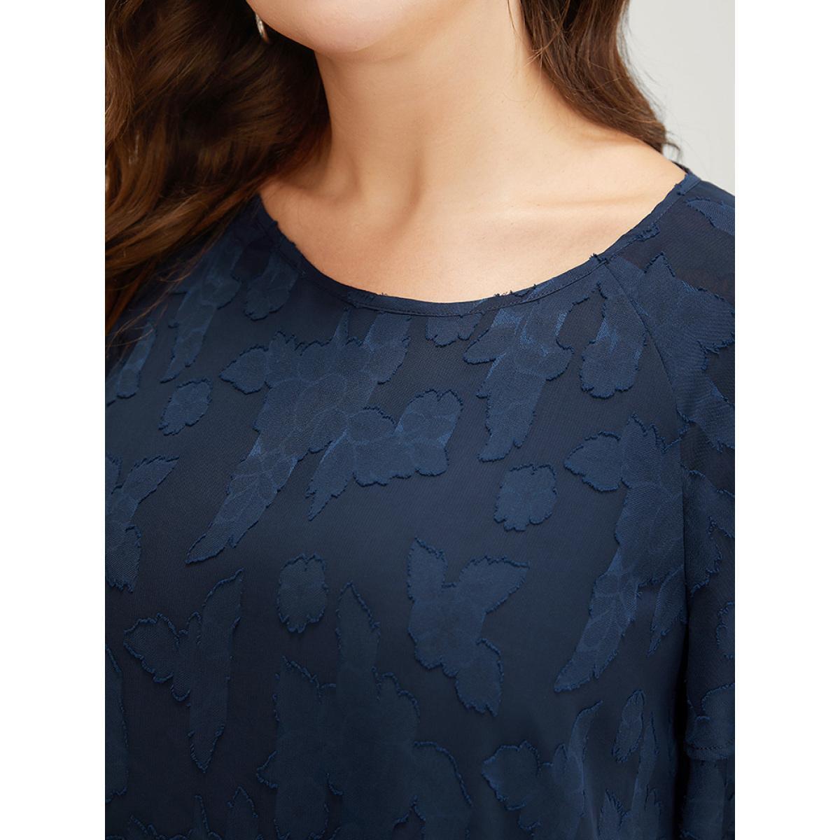 Plus Size Indigo Floral Print Ruffle Tiered Raglan Sleeve Mesh Blouse Women Elegant Short sleeve Round Neck Everyday Blouses BloomChic 26/4X Product Image