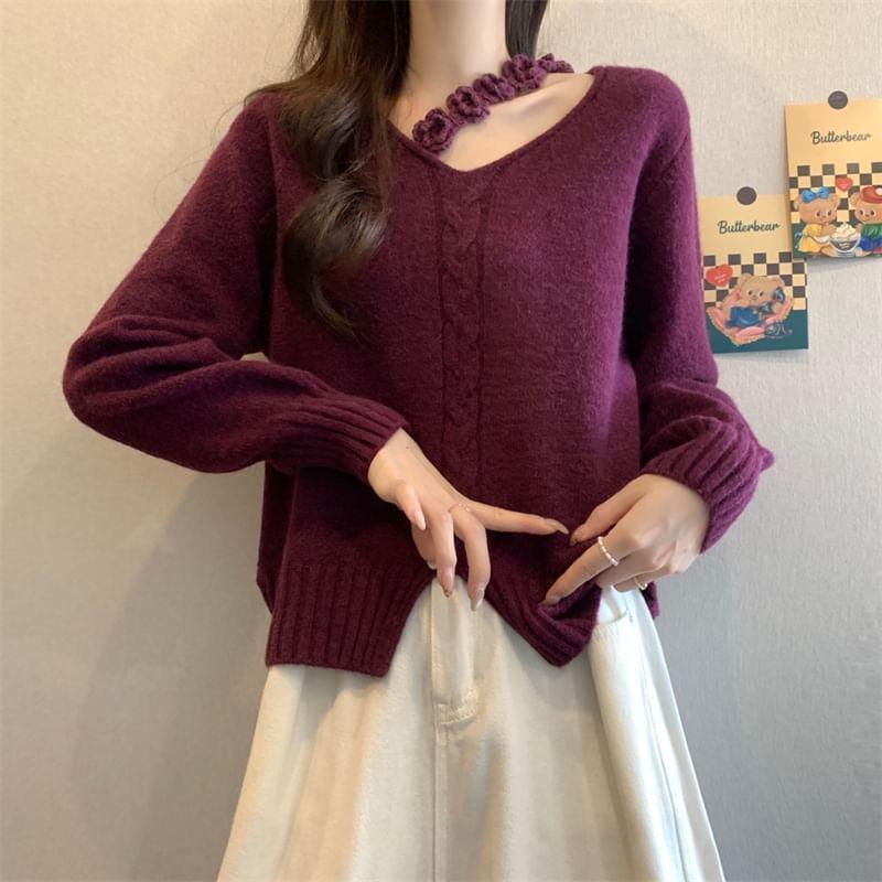 V-Neck Plain Crochet Floral Slit Cable Knit Sweater Product Image
