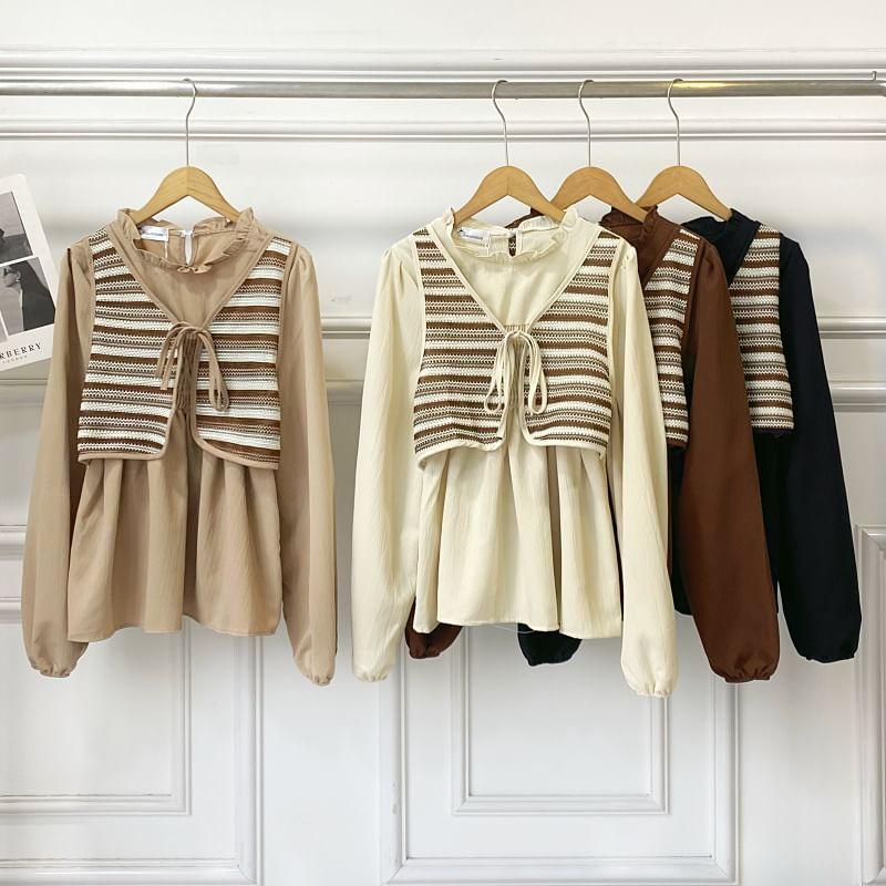 Long Sleeve Crew Neck Striped Mock Two Piece Blouse Product Image