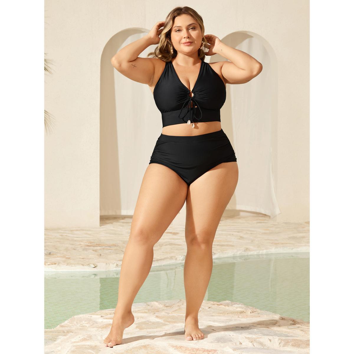 Plus Size Knotted Keyhole Crossstraps Swim Top Women's Swimwear Black Beach Tie knot High stretch Skinny V-neck Curve Swim Tops BloomChic 14-16/1X Product Image