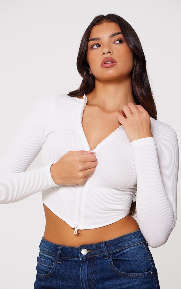 White Snatched Rib Double Zip Top Product Image