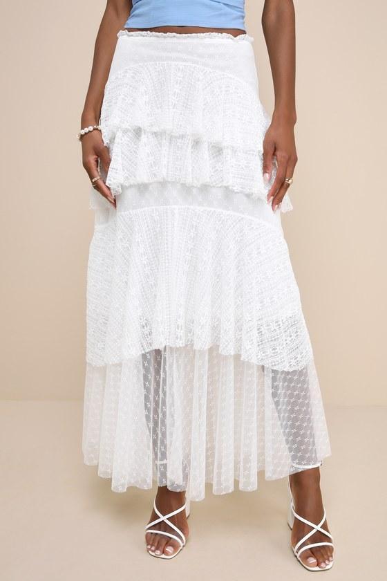 Impressively Darling Ivory Mesh Lace Tiered Midi Skirt Product Image