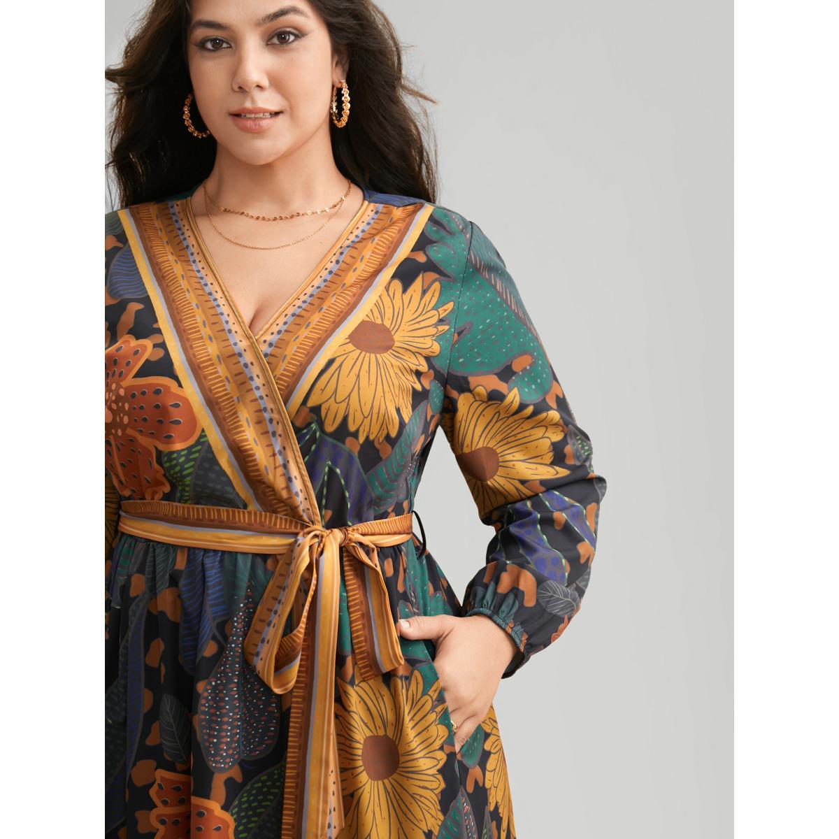 Plus Size Boho Print Belted Lantern Sleeve Dress Black Women Resort Belted Overlap Collar Long Sleeve Curvy BloomChic 22-24/3X Product Image