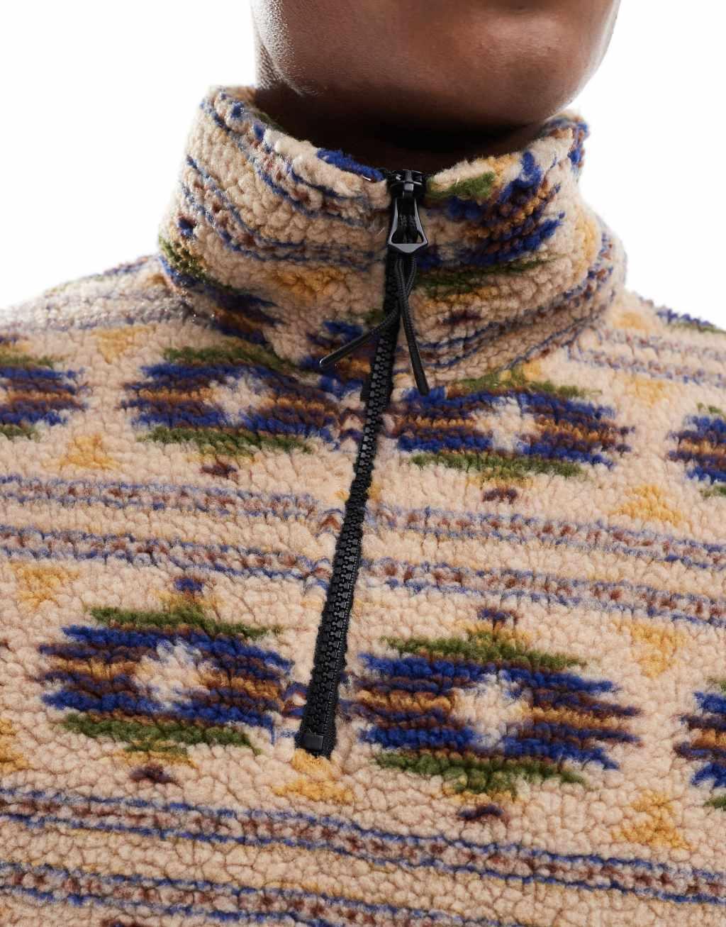 Jack & Jones printed heavy borg quarter zip in beige Product Image