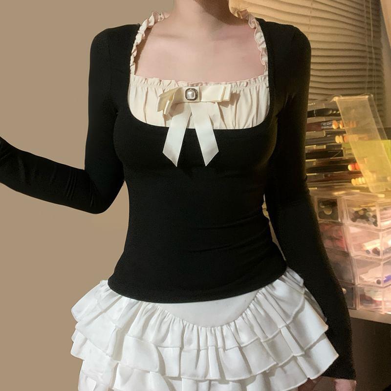 Long Sleeve Mock Two Piece Ruffled-Trim Bow Accent Slim-Fit Crop Top Product Image