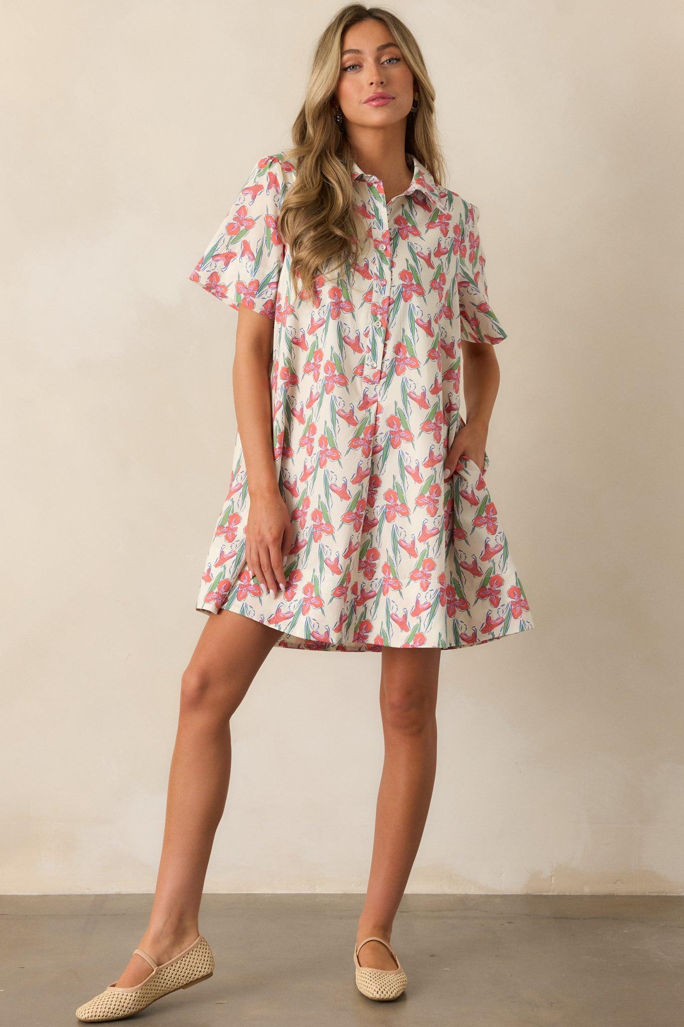 Oasis Of Calm Cotton Orange Floral Mini Dress Product Image
