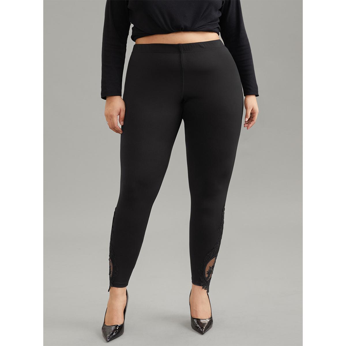 Plus Size High Rise Crochet Lace Mesh Hem Leggings Women Black Casual High stretch Skinny High Rise Dailywear Leggings BloomChic 10/M Product Image
