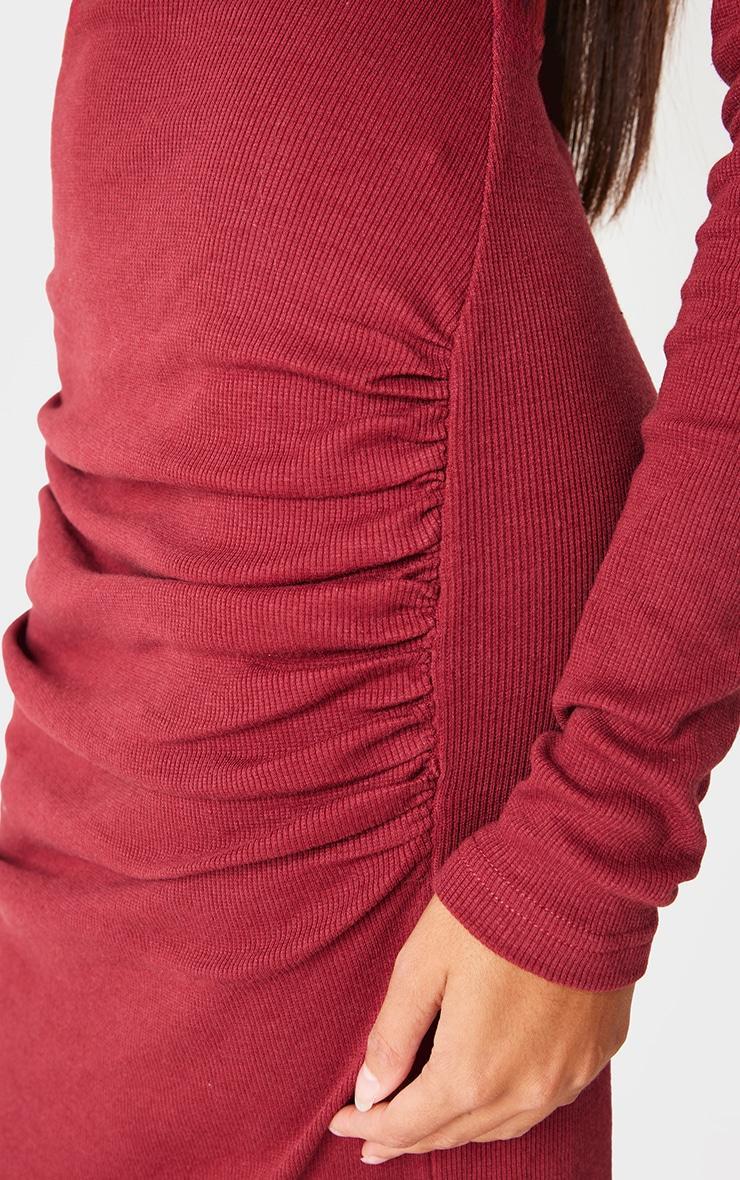 Burgundy Ribbed Ruched Detail Long Sleeve Maxi Product Image