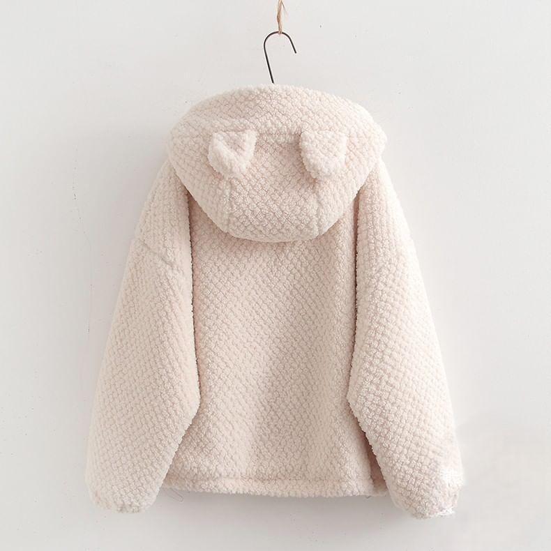 Label Applique Fluffy Zip Hoodie Product Image