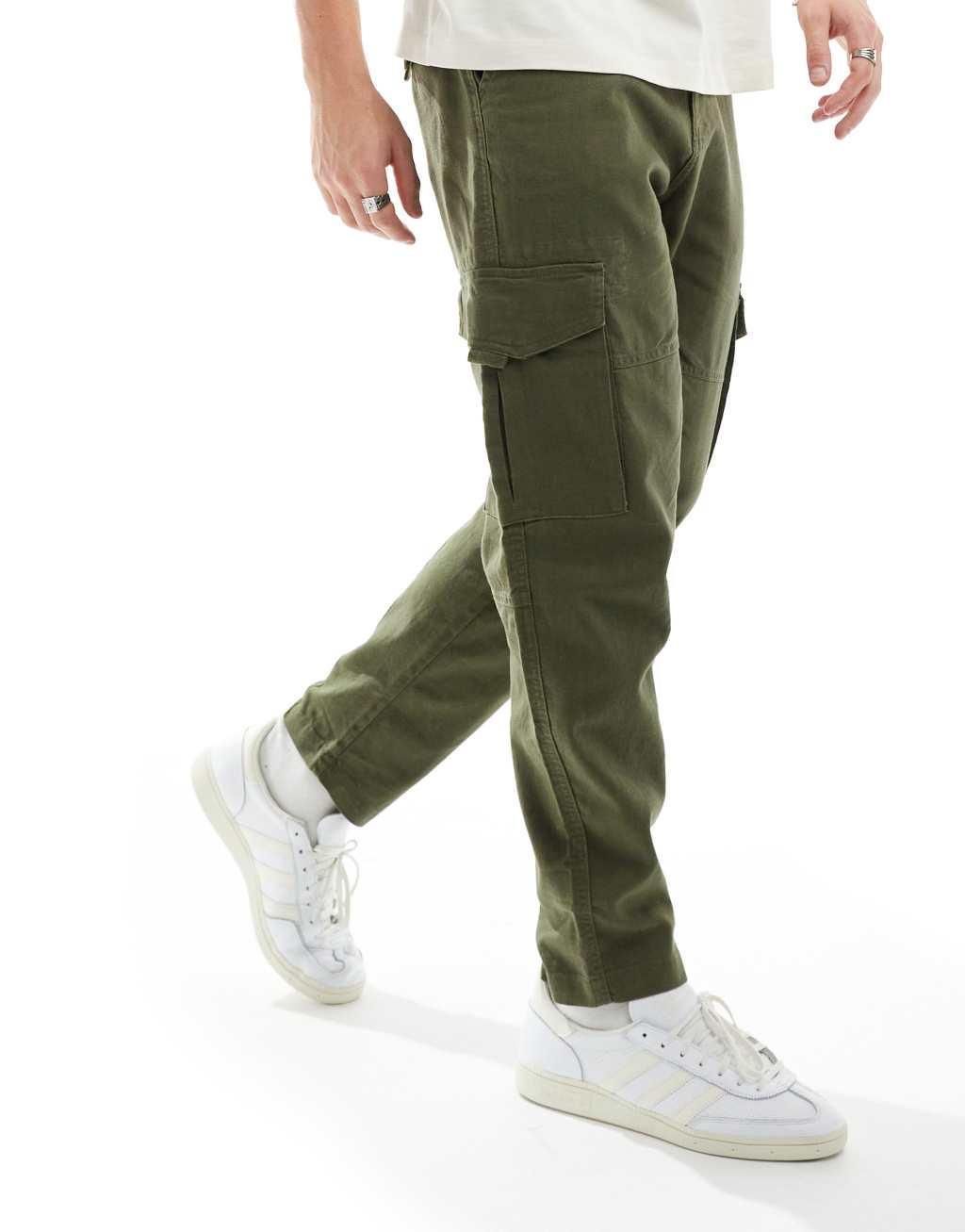 Only & Sons linen mix tapered cargo pants in olive Product Image