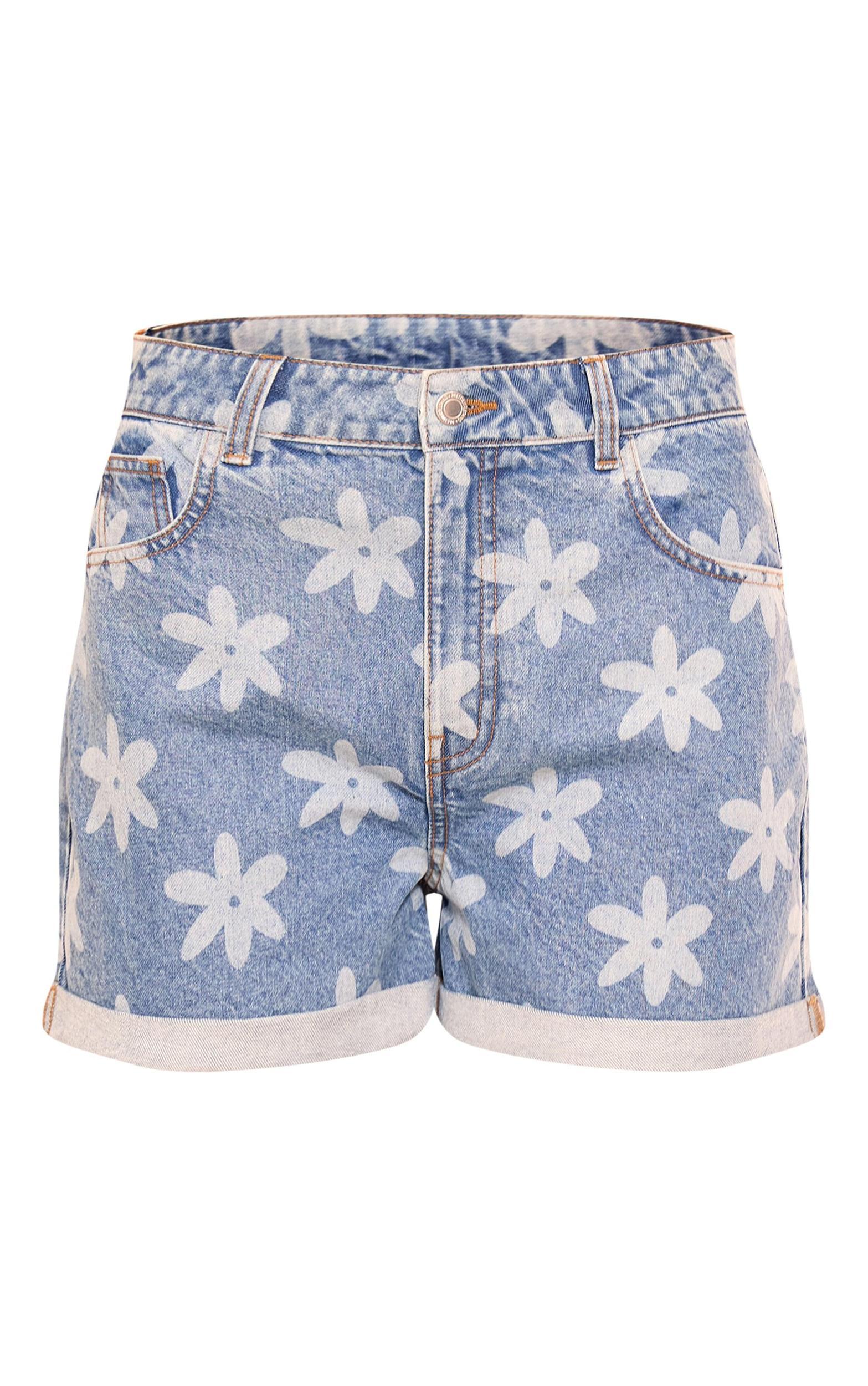 Mid Blue Wash Blurred Floral Print Denim Shorts Product Image