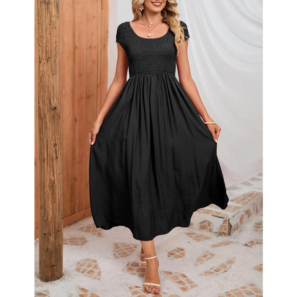 Whizmax Women's Summer Dress Casual Round Neck Short Sleeve Smocked High Waist Maxi Dress with Pockets Product Image