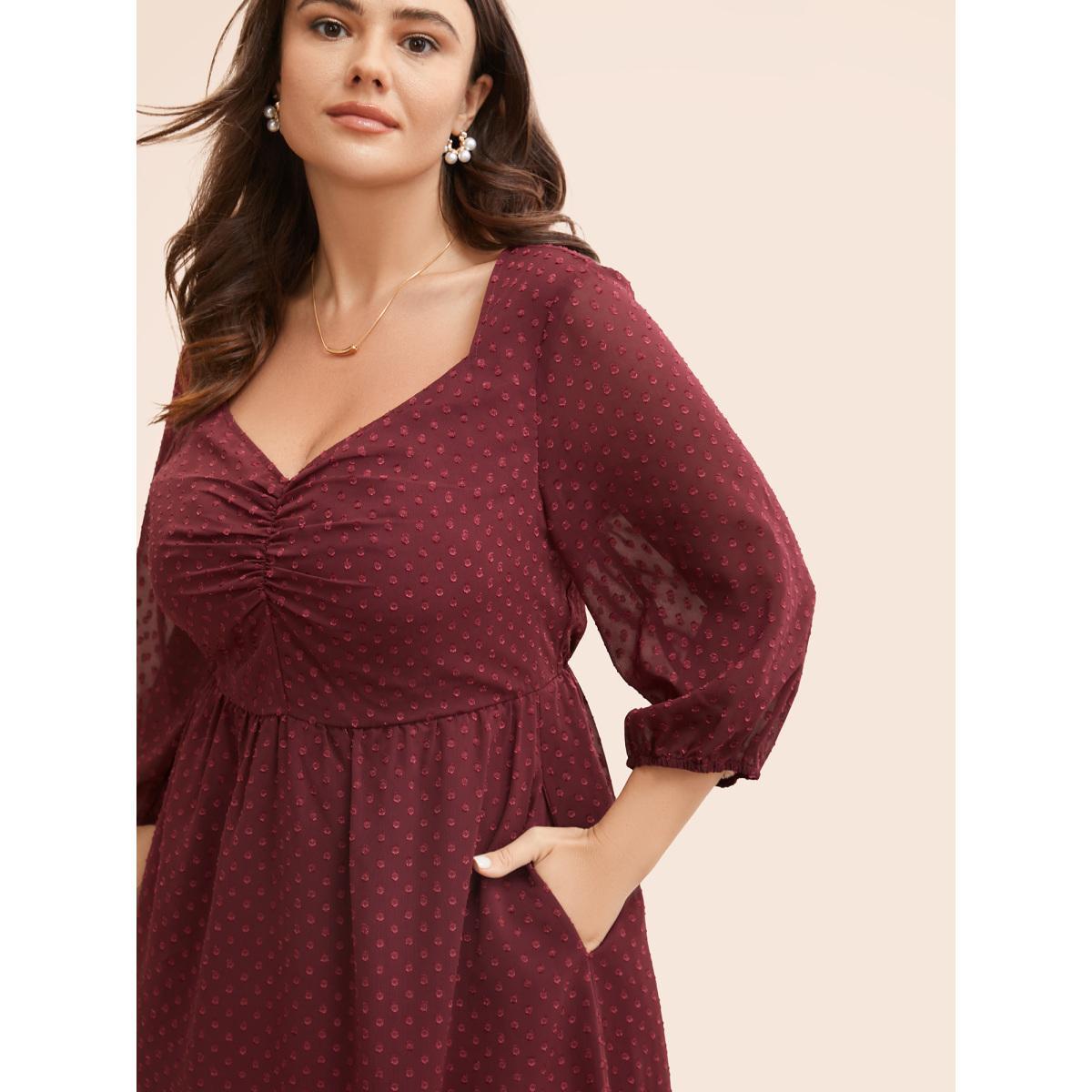 Plus Size Plain Textured Ruched Lantern Sleeve Dress Scarlet Women Elegant Heart neckline Elbow-length sleeve Curvy BloomChic 28/5X Product Image