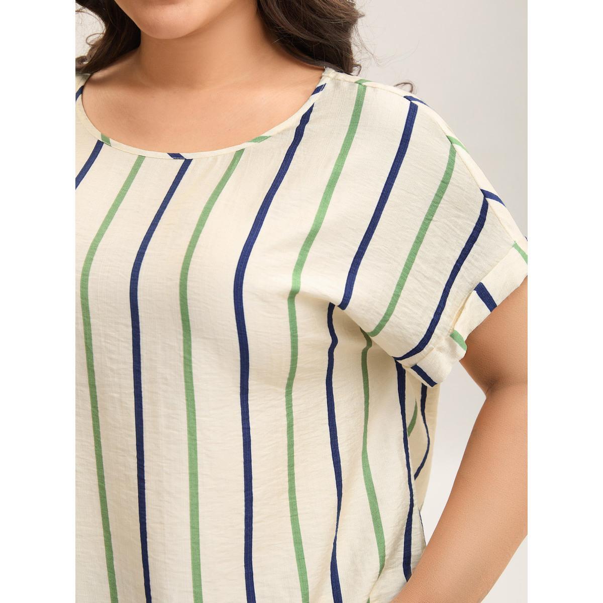 Plus Size Colorful Stripes Flowy Loungewear Set Women Multicolor Roll Hem Short sleeve Boat Neck Loungewear Sets BloomChic 10/M Product Image