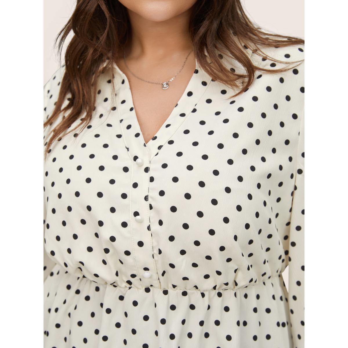 Plus Size Ivory Polka Dot Button Detail Arc Hem Blouse Women At the Office Elbow-length sleeve Shirt collar Work Blouses BloomChic 28/5X Product Image