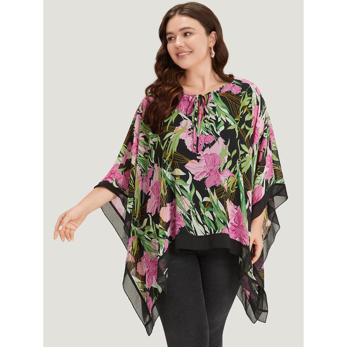 Plus Size Multicolor Floral Ties Batwing Sleeve Hanky Hem Layered Blouse Women Glamour Elbow-length sleeve Tie Neck Going out Blouses BloomChic 18-20/2X Product Image
