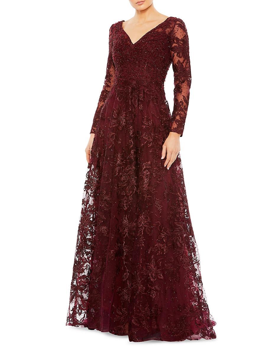Womens Evening Crystal-Embellished V-Neck Gown Product Image