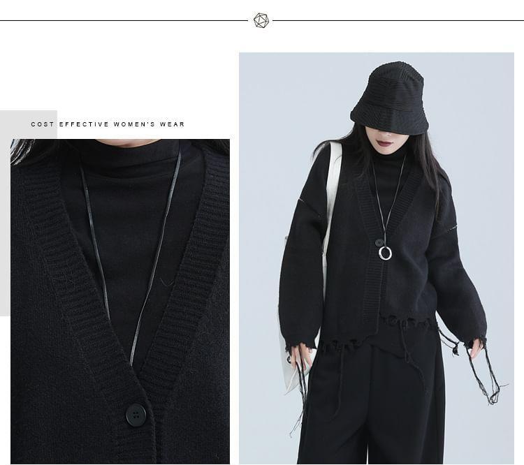 V-Neck Plain Distressed Asymmetrical Cardigan Product Image