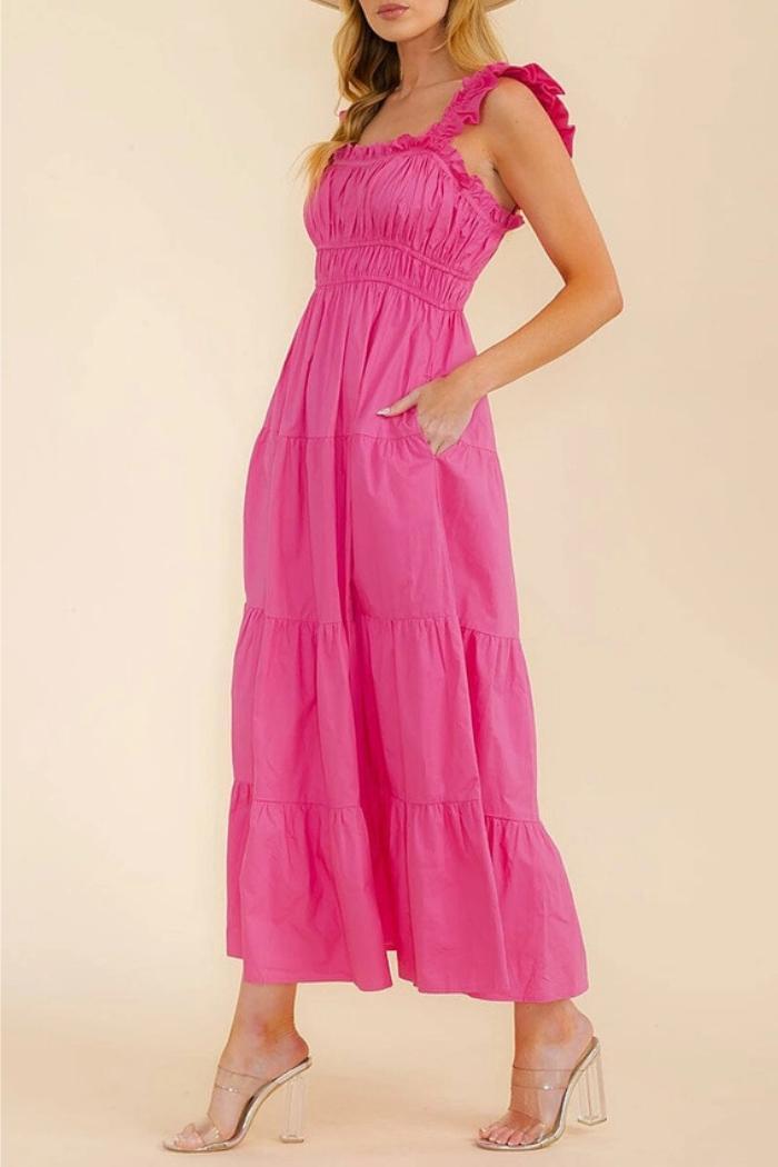 Solid Ruffle Sleeve Tiered Layered Maxi Dress Product Image