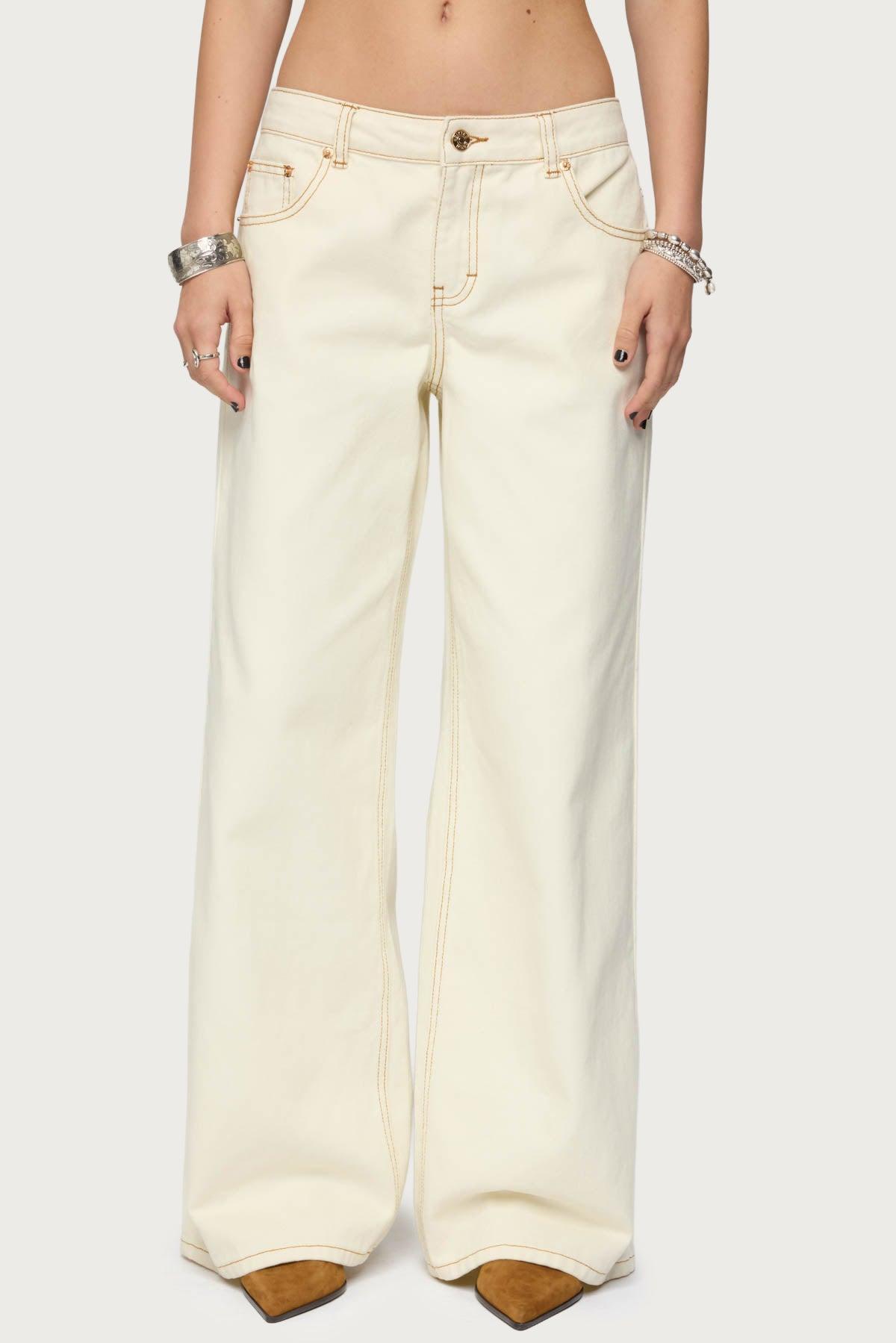 Contrast Stitch Low Rise Wide Leg Jeans Product Image