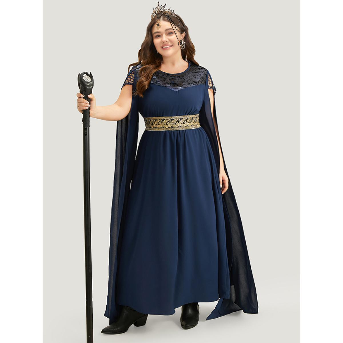 Plus Size Halloween Sequin Detail Embroidered Cut Out Dress DarkBlue Women Elegant Patchwork Round Neck Sleeveless Curvy Long Dress BloomChic 30/6X Product Image