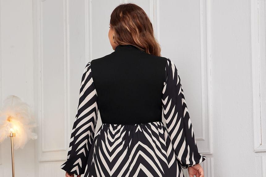 Long Sleeve Mock Neck Patterned Print Panel Maxi A-Line Dress Product Image