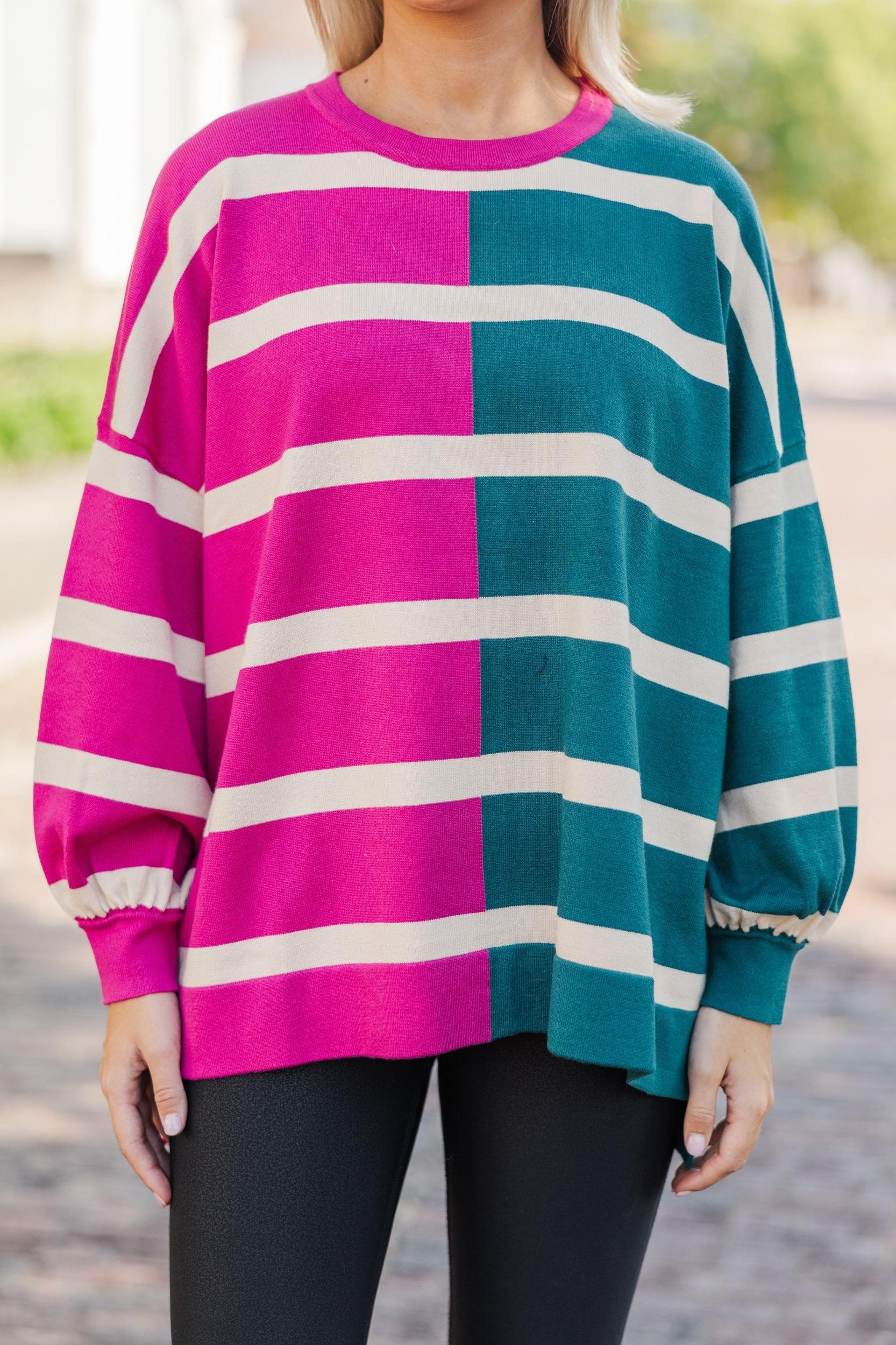 Live It Up Fuchsia/Teal Striped Sweater Female Product Image