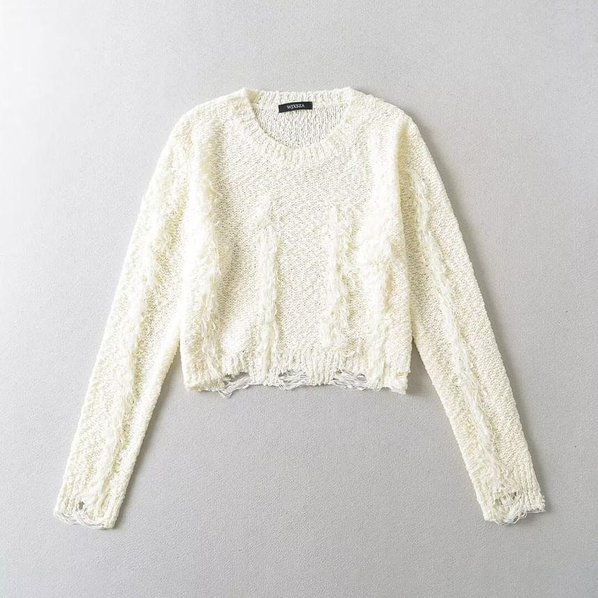 Crew Neck Plain Distressed Crop Sweater Product Image