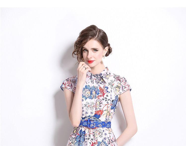 Cap Sleeve Collared Floral Print Belted Midi A-Line Dress Product Image