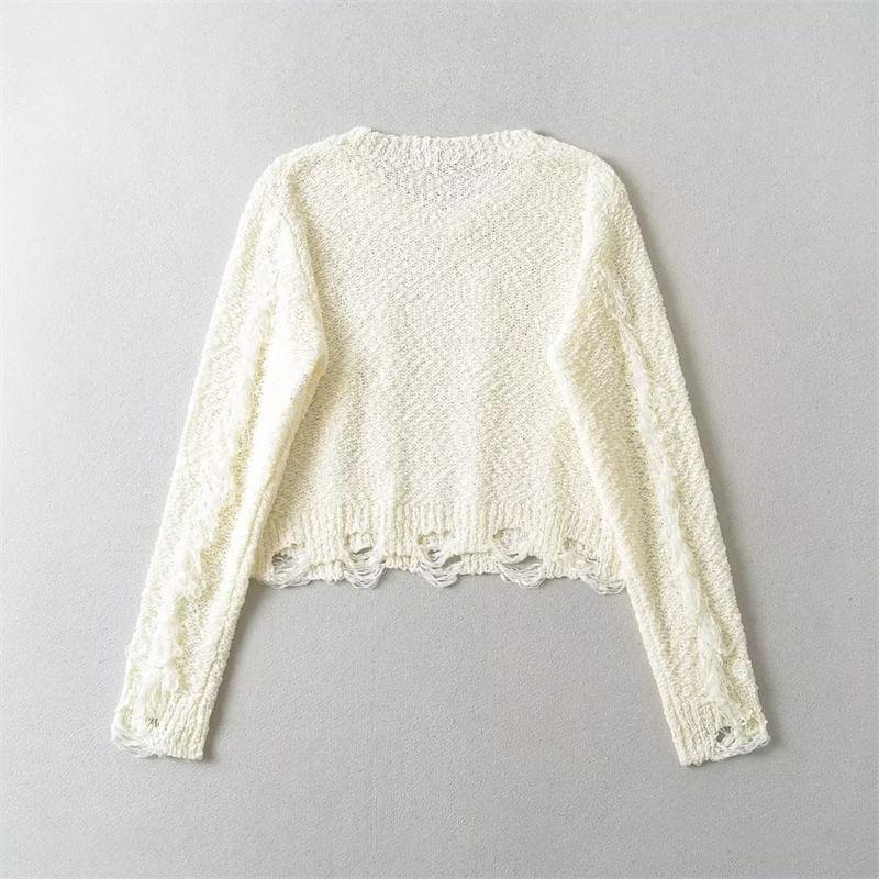 Long-Sleeve Round Neck Plain Fringed Distressed Crop Knit Top Product Image