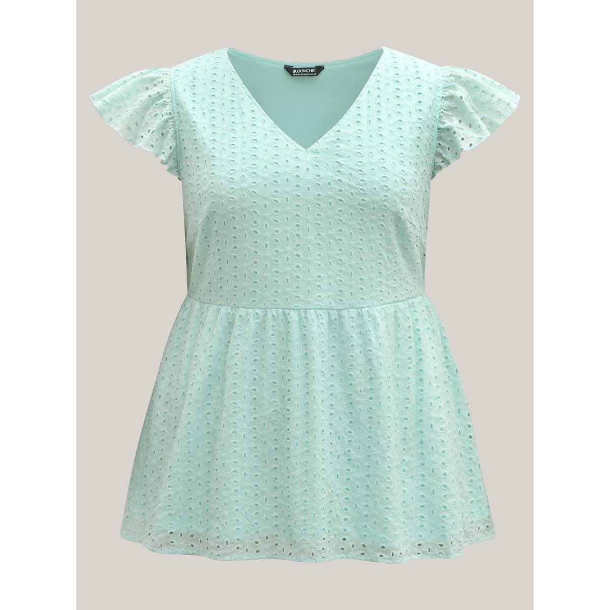 Plus Size Mint Cotton Embroidered Flutter Sleeve Babydoll Top Women Cap Sleeve V-neck Vacation Blouses BloomChic 14-16/1X Product Image