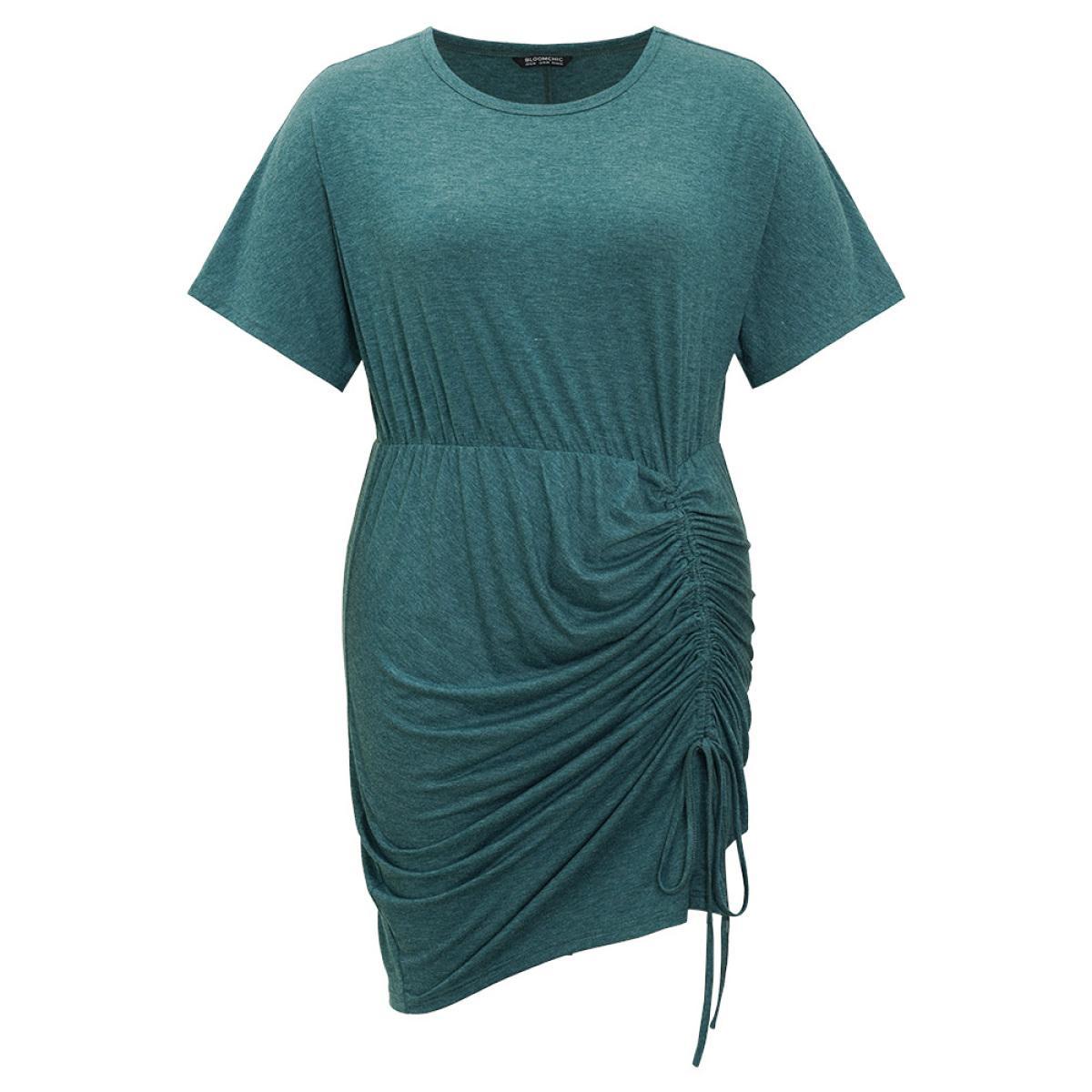 Plus Size Solid Ruched Drawstring Hem Bodycon Dress Cyan Women Elegant Ruched Round Neck Short sleeve Curvy Short Dress BloomChic 22-24/3X Product Image