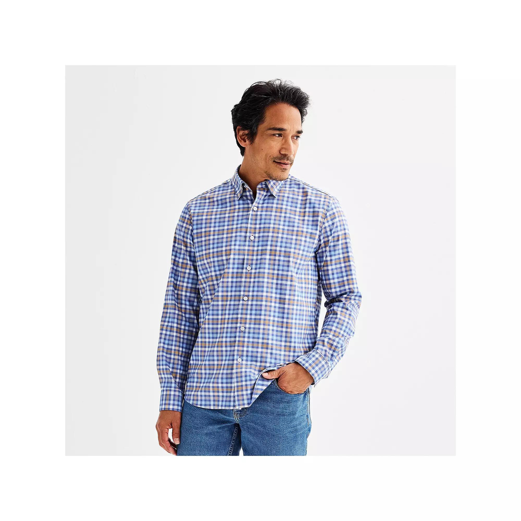 Men's Sonoma Goods For Life® Long Sleeve Performance Button-Down Shirt, Size: XXL, Blue Check Plaid Product Image