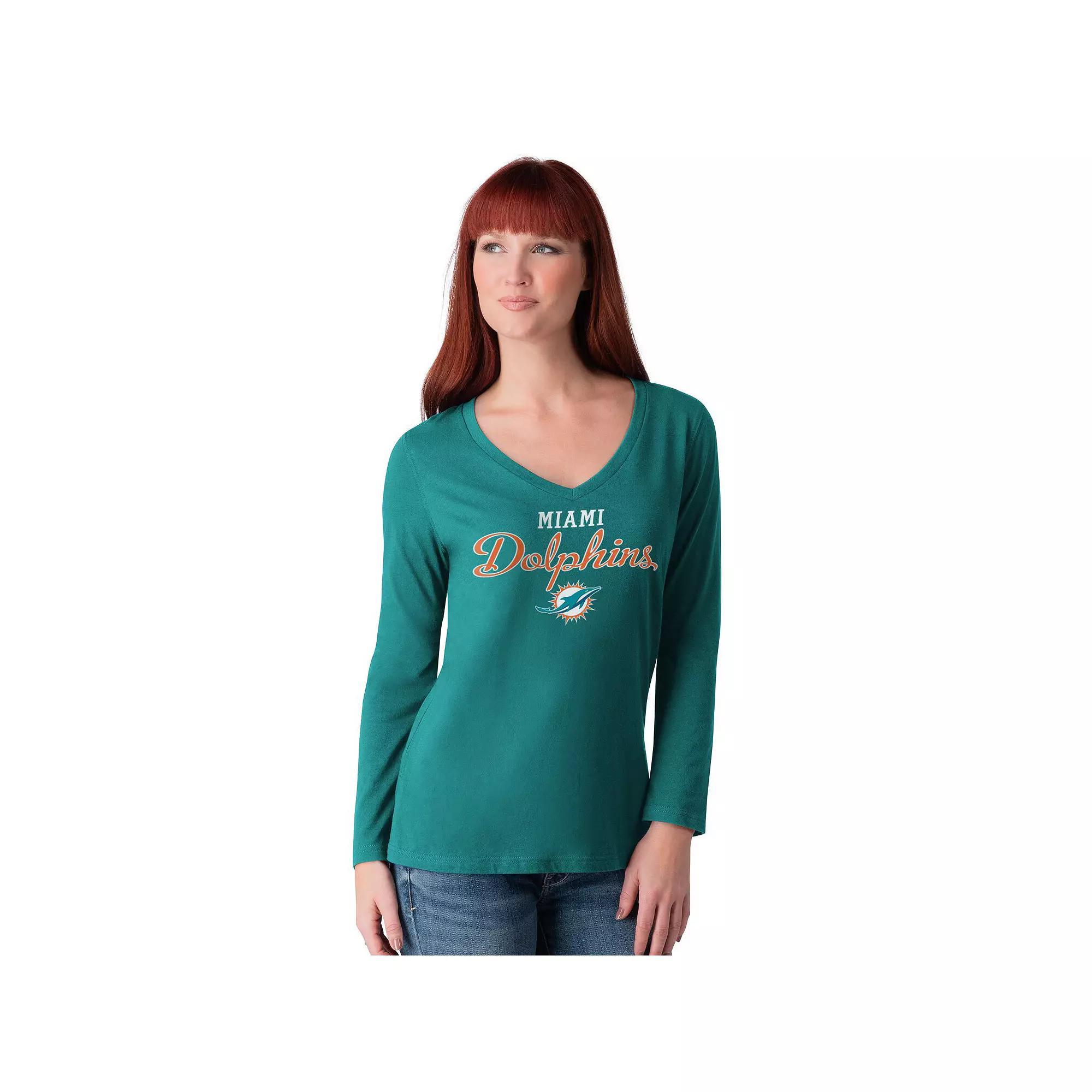 Women's G-III 4Her by Carl Banks Aqua Miami Dolphins Post Season Long Sleeve V-Neck T-Shirt, Size: Small, Turquoise A Product Image