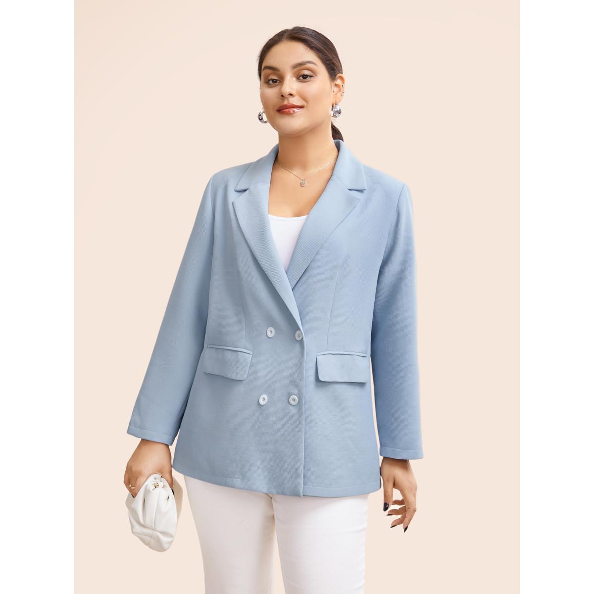 Plus Size Suit Collar Flap Pocket Back Slit Blazer LightBlue Women Everyday Button Sleeve Elbow-length sleeve Suit Collar 22-24/3X Open pocket with flap Elegant Blazers BloomChic Product Image
