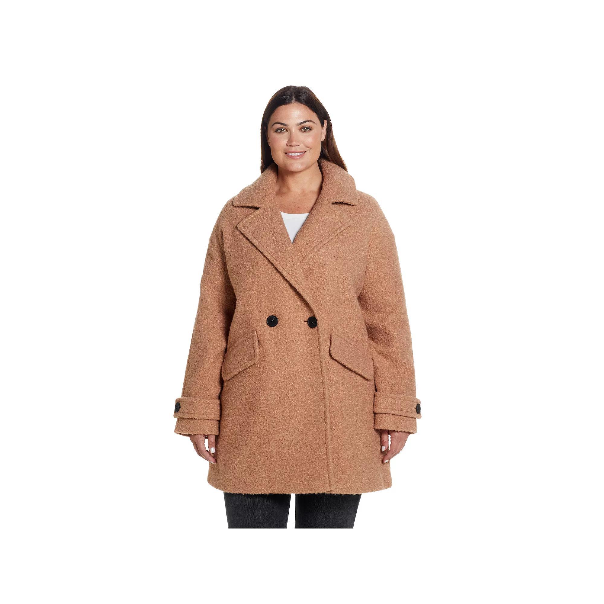 Plus Size Weathercast Double Breasted Boucle Peacoat, Women's, Size: 2XL, Camel Product Image