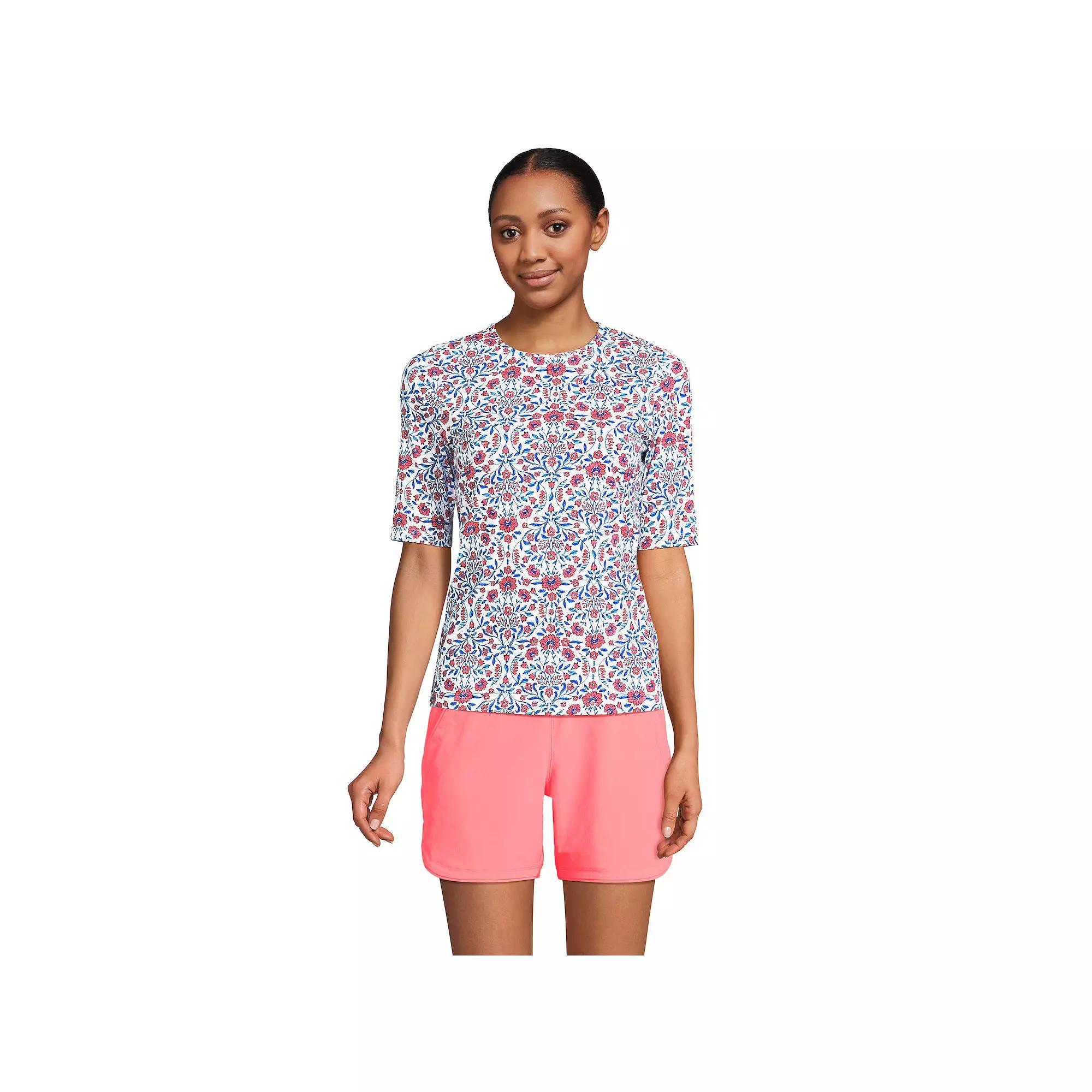 Petite Lands' End UPF 50 Elbow-Sleeve Rash Guard Swim Tee, Women's, Size: XS Petite, White Navy Stripe Product Image